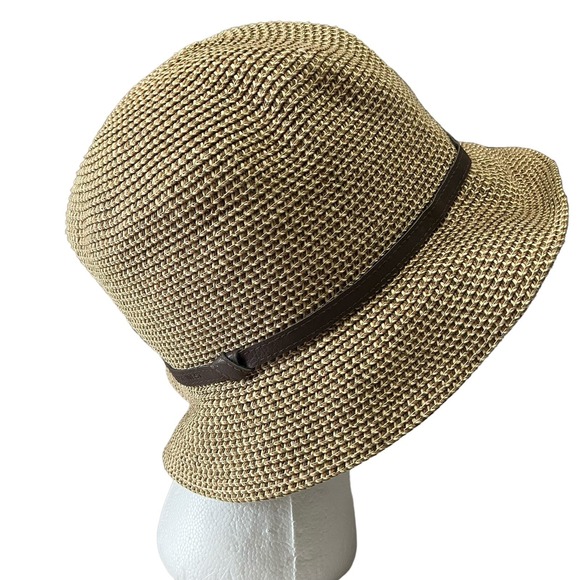 Nine West Woven Cloche Hat Brown Band Summer Beach Sun Hat foldable - Picture 1 of 8